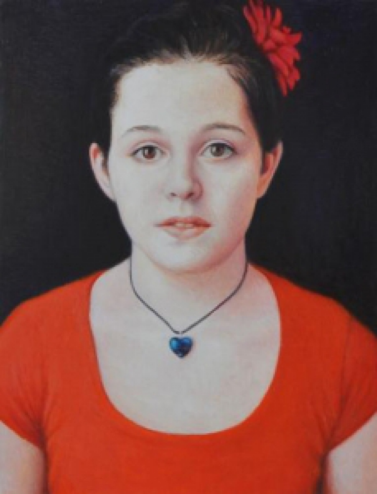 young woman with red shirt