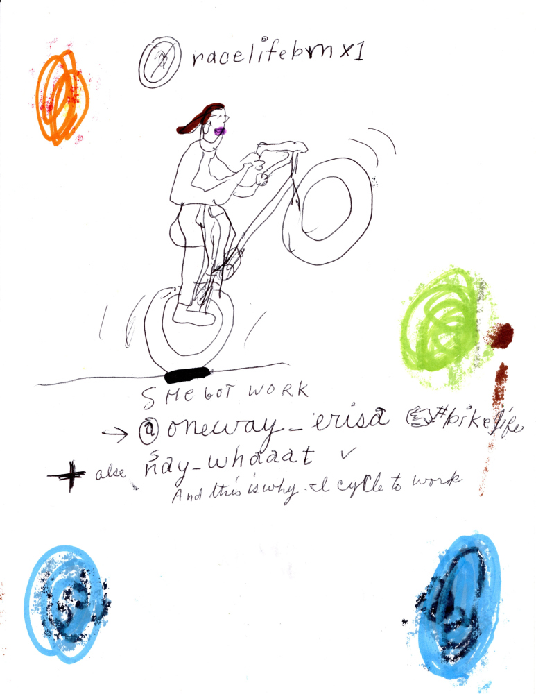 drawing of woman on bike