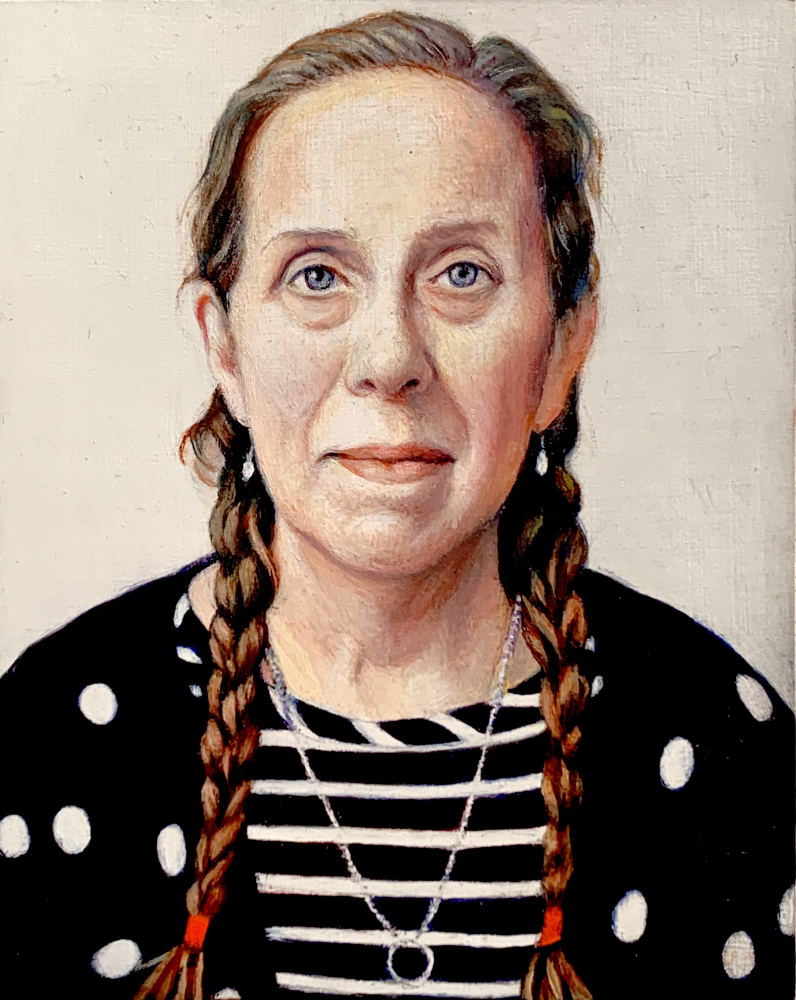 woman with poke a dot shirt